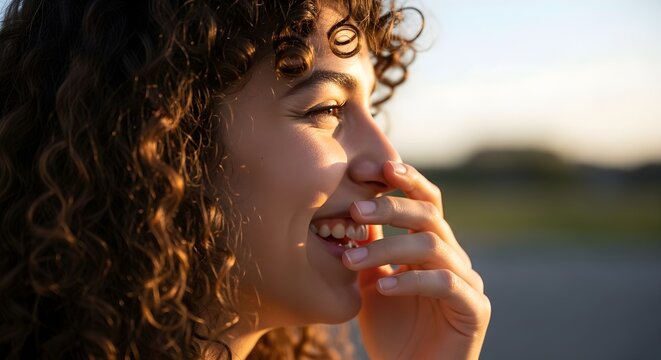 Close-up of young woman with curly hair laughing heartily, symbolizing authentic joyful moments and National Tell a Joke Day