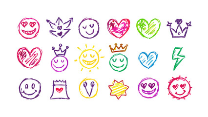 Smile doodle emoji faces in hand drawn vector doodle sketchy style. Happy, sad, crying emotional scribbles, comic elements for business design.