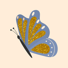 Butterfly with golden glitter texture. Vector illustration of insect in flat style. Elegant golden bug for decorative spring and summer projects.