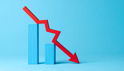 Minimalist blue graph with red arrow pointing down. Business risk, financial decline and money loss.