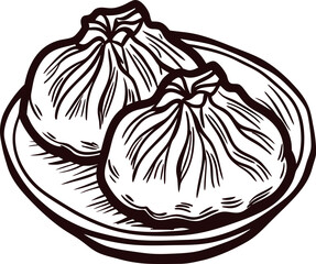 Hand drawn illustration of two steamed dumplings on plate vintage sketch food icon for asian cuisine menu design