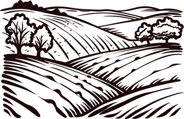Hand drawn rural landscape illustration with rolling hills, trees, and fields in vintage engraving