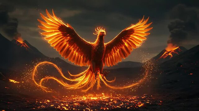 Majestic phoenix rising from volcanic lava, surrounded by fiery mountains and smoke