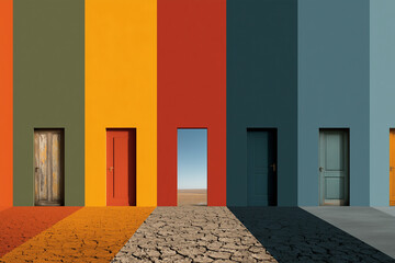 Rainbow Doors on Cracked Earth: Symbolic Portals to Life’s Choices and Growth