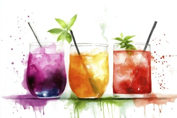 Colorful watercolor cocktails with splashes and leaves in three glasses