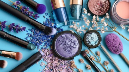 Elegant lavender themed flat lay featuring purple and blue beauty products with dried flowers