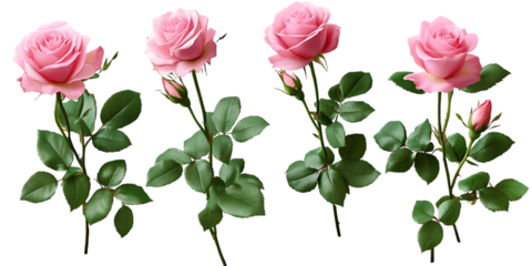Set of pink roses leaf floral single plant on transparent background.