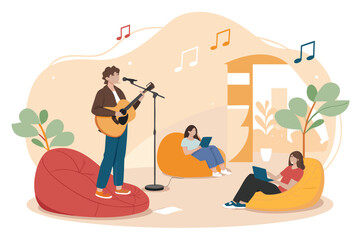 Vibrant mall music zone with a live acoustic singer.