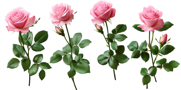 Set of pink roses leaf floral single plant on transparent background.