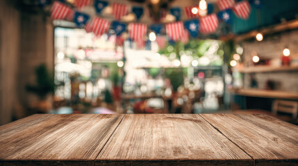 Empty Wooden Table with Blurred Juneteenth Decor Background  in Warm Mississippi Interior Celebration