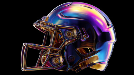 Shiny American football helmet with iridescent chrome holographic surface reflecting colorful light, modern sports gear concept on dark background.
