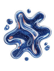 Abstract navy blue paint splash with marbled swirls of white and orange and scattered glossy droplets on clean white background. Concept of cosmic creativity and bold artistic fluidity