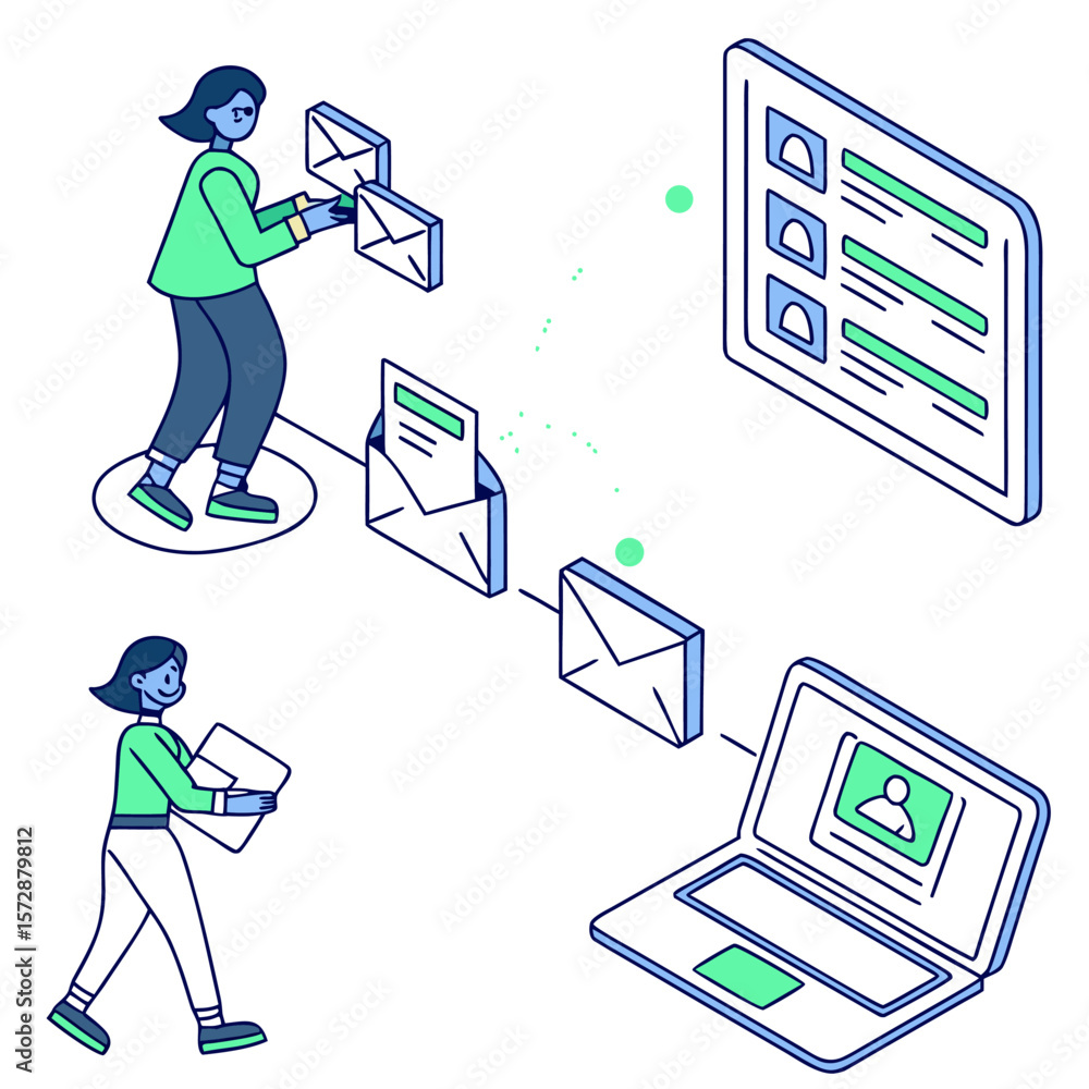 Poster modern isometric illustration depicting a digital communication workflow with people sending and rec