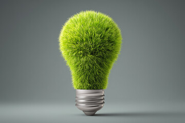 Light Bulb Made of Grass Symbolizing Green Energy on a Neutral Grey Background