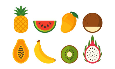 Colorful fruit icons: pineapple, watermelon, mango, coconut, papaya, banana, kiwi, dragon fruit