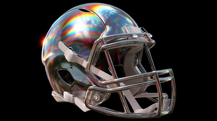 Shiny American football helmet with chrome texture reflecting light, symbol of strength, sport, and competition. Close up studio shot on dark background.