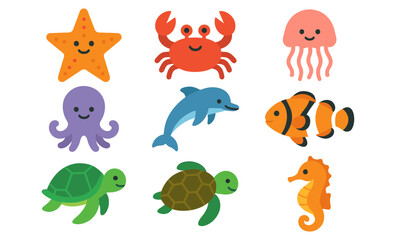 Obraz premium Colorful ocean animals illustration with starfish, crab, and more