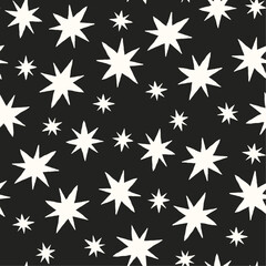 Hand drawn stars black and white seamless vector pattern