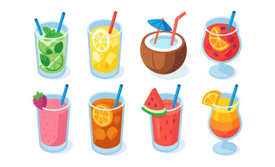 Colorful assortment of refreshing summer drinks featuring various fruits