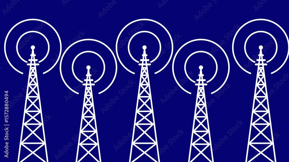 Poster several broadcast towers emit synchronized signals over a dark blue backdrop, representing a unified