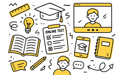 Online learning icon set with students and education tools