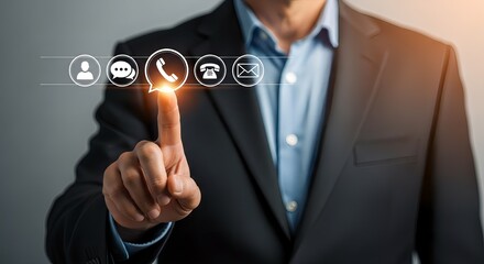 Contact us options business communication businessman touching phone icon contact information interface