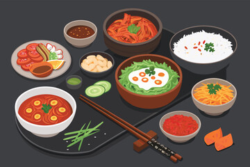 Delicious vegan Korean food table, depicted in vibrant vector art, with kimchi, rice, and banchan.