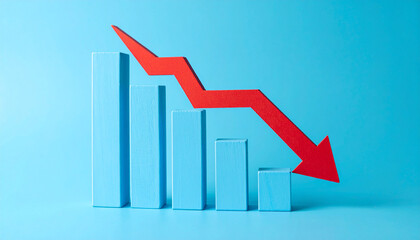 Minimalist blue graph with red arrow pointing down. Business risk, financial decline and money loss.