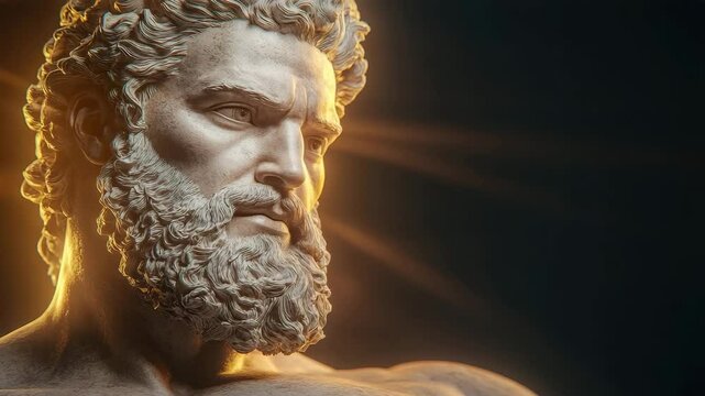 A close-up of a powerful marble sculpture of a man, a beard with dramatic lighting, exuding strength and stoicism.