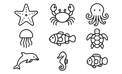 Black and white sea creatures outline: starfish, crab, octopus, jellyfish, fish, turtle, dolphin, seahorse