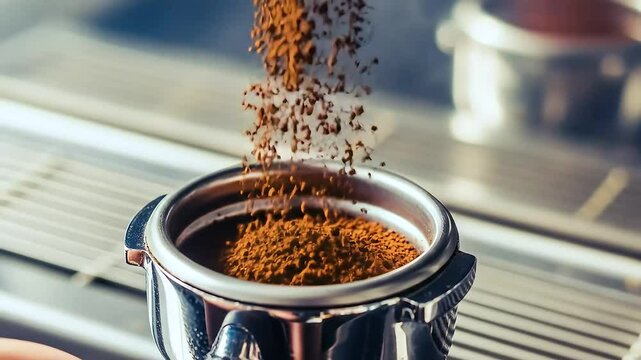 Coffee grounds falling into portafilter slow motion