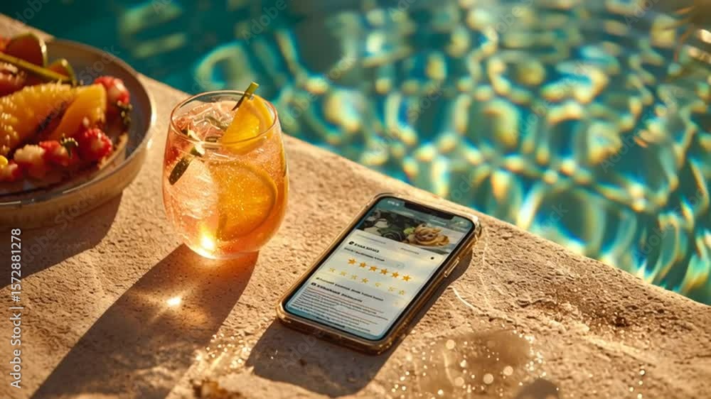 Poster 5 star reviews refreshing drink and smartphone by a sparkling poolside generative ai