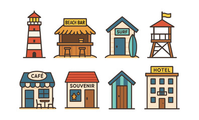 Fototapeta premium Charming beachfront icons: lighthouse, beach bar, surf shack, lookout, cafe, souvenir shop, beach house, hotel