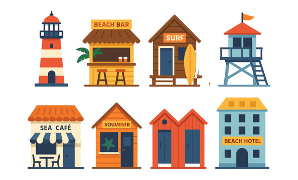 Colorful beachfront buildings: lighthouse, bars, surf shacks, and more