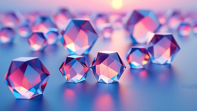 Abstract geometric crystals with vibrant pink and blue light reflections on a smooth surface with a soft gradient background and a subtle sun glow