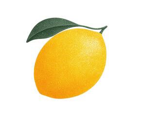 Bright textured yellow lemon with a single green leaf, illustrated on a clean white background with no shadows or extra elements. Concept for fresh organic fruit and healthy lifestyle