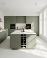 Wide-angle view of modern green kitchen with marble island, built-in appliances, and Scandinavian design in bright natural light