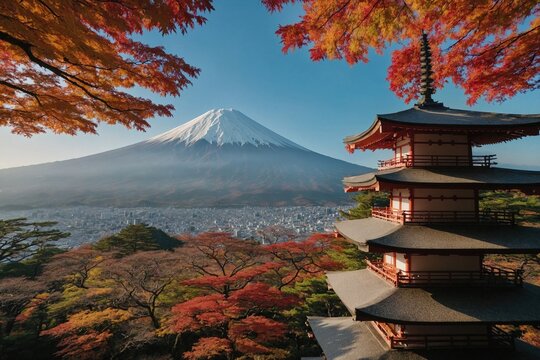 Mt. Fuji with fall colors in Japan.