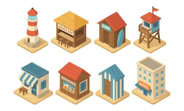 Isometric beach icons set with lighthouse, shops, and cabins - Powered by Adobe
