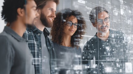 Diverse business team brainstorming in high-tech digital office, screen UI overlay