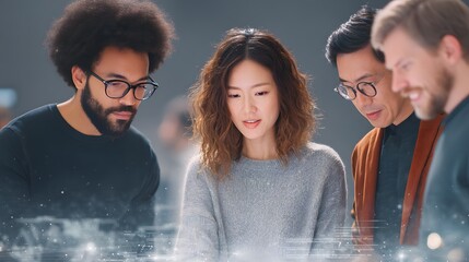 Diverse business team brainstorming in high-tech digital office, screen UI overlay