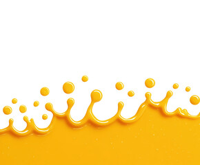 Glossy yellow paint splash rising from the bottom edge with droplets scattered above on white background. Concept of creativity, motion and bold abstract design element