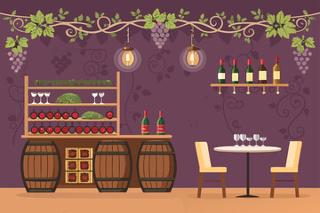 A stylish vector illustration of a modern wine bar interior, featuring elegant wine racks and a tasting area.