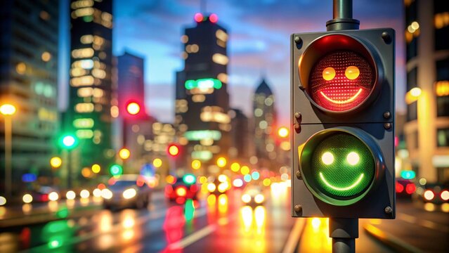 Emoji Faces on Traffic Light in Night Cityscape