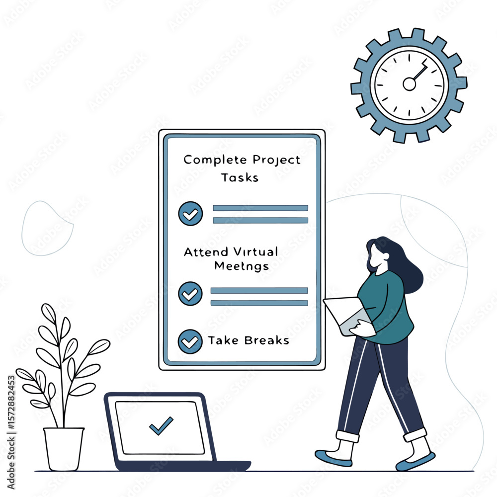 Poster a woman checks off tasks on a to do list including project completion virtual meetings and taking br