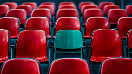 Obraz premium Single green chair standing out in row of red auditorium seats
