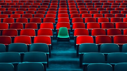 Naklejka premium Single green chair standing out in row of red auditorium seats
