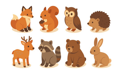 Cute woodland animals illustration featuring fox, squirrel, owl, hedgehog, and more