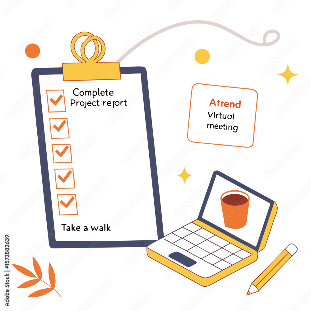 Poster A to do list with completed tasks like project report and taking a walk alongside a laptop displaying a virtual meeting and a pencil representing productivity and planning