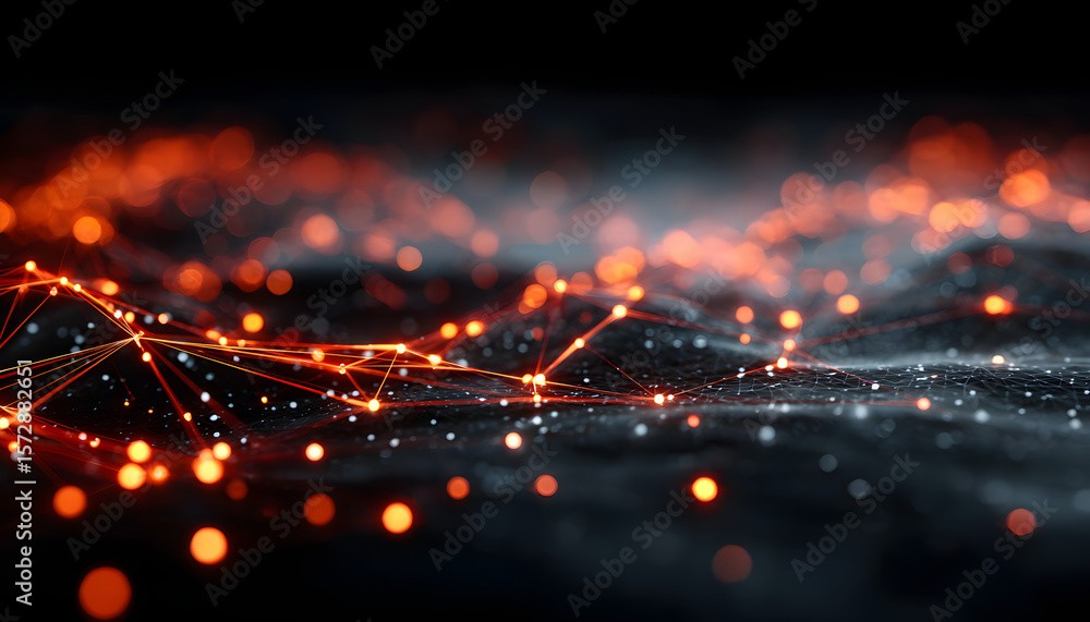 Poster abstract digital data visualization. glowing orange and red lines on dark background. network of con